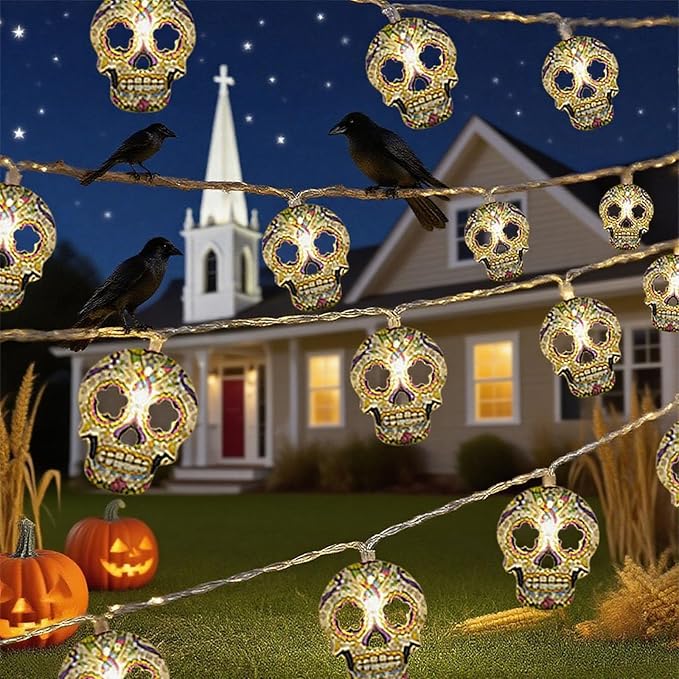 Halloween String Lights,15FT 30 LED Fairy Decor Lights USB & Battery Operated (Not Included) Cute Skull String Lights 2 Modes Waterproof Fall Light Decoration for 2025 Indoor Outdoor Home Party Garden - sugar skull christmas decorations