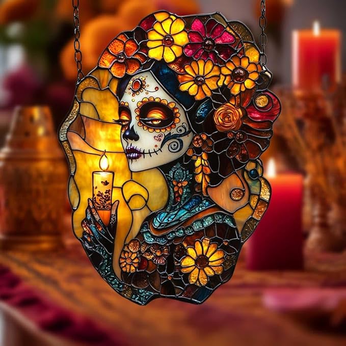 Sugar Skull Acrylic Suncatcher Colorful Window Hanging Ornament Sun Catcher Panel for Home Decor Car Garden Gift Day of The Dead Acrylic Suncatcher - sugar skull christmas ornament