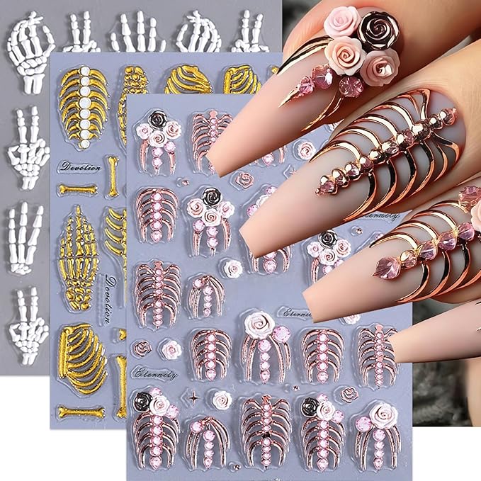 3 Sheets 5D Embossed Skull Nail Stickers for Nail Art Skeleton Nail Decals White Hand Bones Finger Skeleton Halloween Nail Art Supplies Gothic Nail Sticker for Women Halloween Nails Tips Decoration - sugar skull nail art