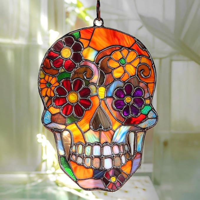 Sugar Skull Acrylic Suncatcher Colorful Window Hanging Ornament Sun Catcher Panel for Home Decor Car Garden Gift Day of The Dead Sugar Skull Faux Stained Glass Suncatcher - sugar skull wine glass