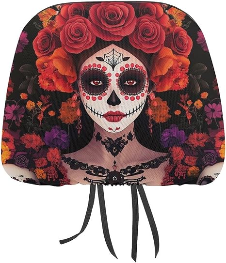 Soft Elastic Universal Headrest Covers, Day of Dead Halloween Roses Sugar Skulls Fashion Car Headrest Protector with Memory Foam Backing for Car Truck SUV - sugar skull car seat covers set
