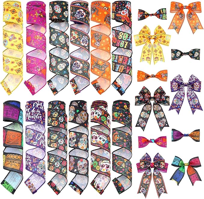 12 Rolls 60 Yards Day of The Dead Wired Edge Ribbons Black Purple Sugar Skull Flower Burlap Ribbon Dia De Los Meurtos Ribbon for Halloween Party DIY Craft Wreath Decor - sugar skull wreath for front door