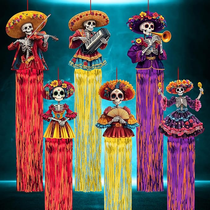 6 Pcs Day of The Dead Sugar Skull Hanging Decorations, 4.9 Ft Dia De Los Muertos Hanging Decorations for Dia de Los Muertos Altar, Ofrenda, Cemetery, Day of The Dead Party Home Outdoor Decor - sugar skull christmas ornament
