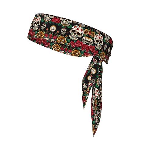 Tie Sweatband Headband Men, Ninja Headbands Sports Head Tie, Athletic Long Hair Band (Mexican Sugar Skulls) - sugar skull flower crown