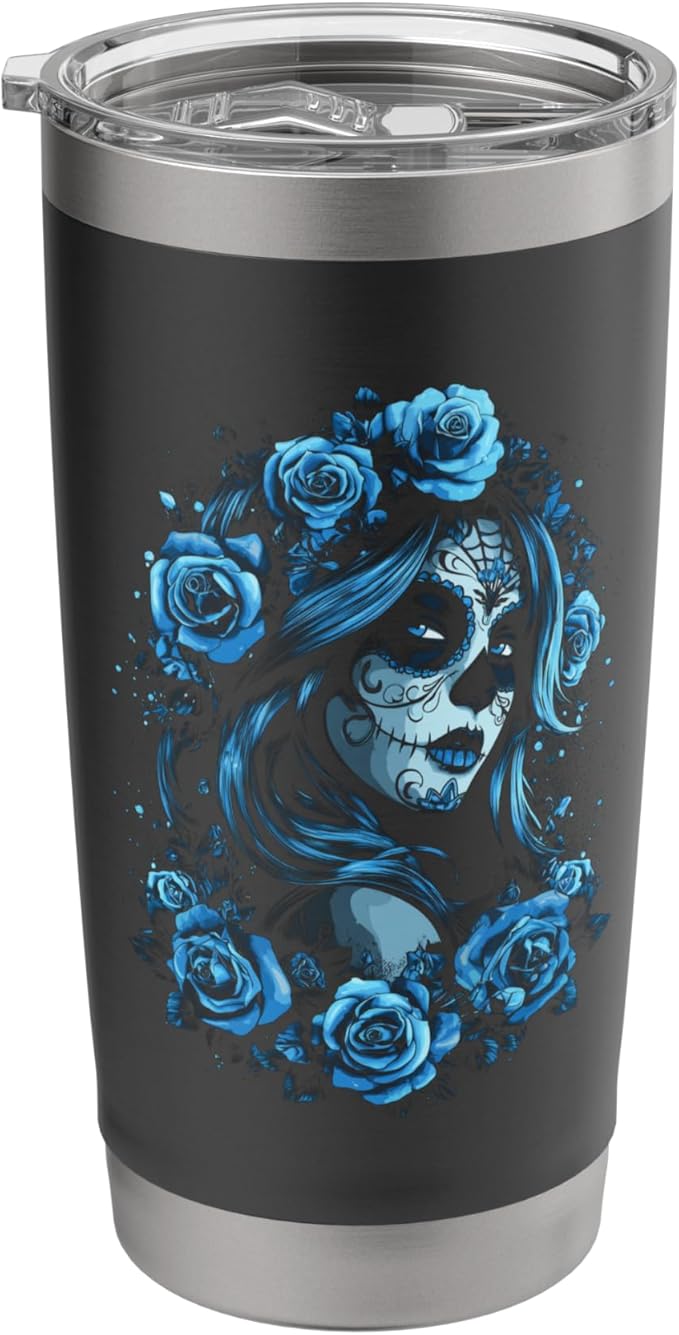 Sugar Skull Blue Roses Dia De Los Muertos Stainless Steel Insulated Tumbler - sugar skull tumbler with straw
