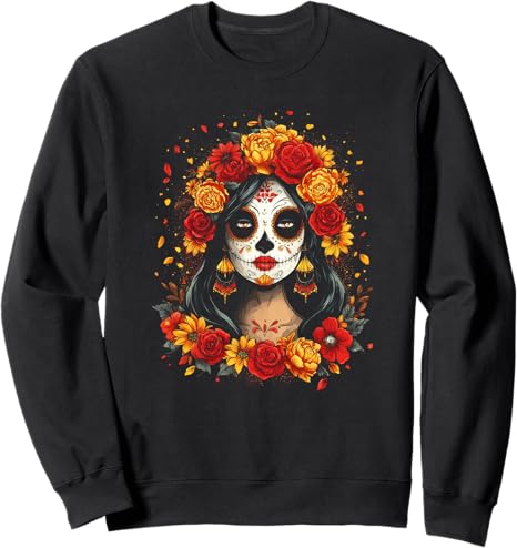 Vibrant Female Sugar Skull Mexican Folk Art - sugar skull sweatshirt womens