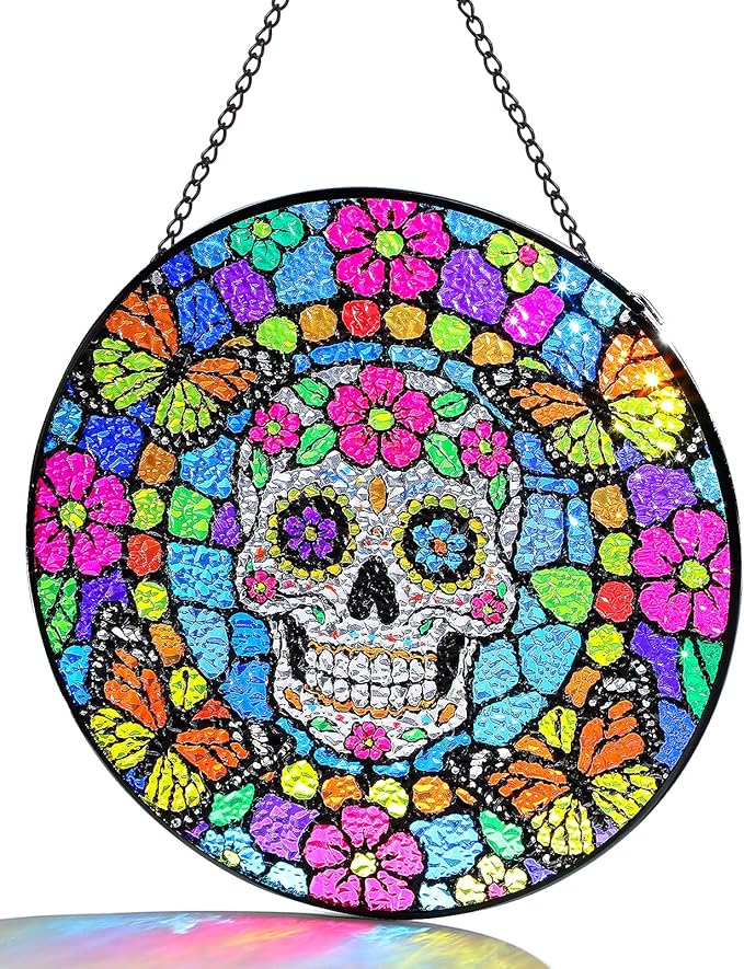 Day of The Dead Decorations - 7.8in Sugar Skull & Monarch Butterfly Decor for Mexican Party Decorations, Hanging Painted Glass Panel Sun Catcher for Dia De Los Muertos - sugar skull christmas ornament