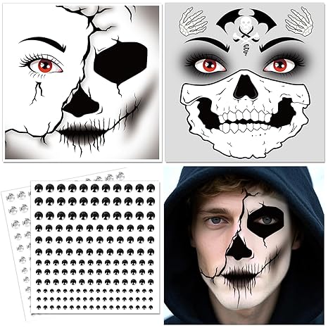 HOWAF Skeleton Face Tattoos, 2 Skull Halloween Face Temporary Tattoos with 2 Sheets Diamonds Sticker, Day Of The Dead Face Tattoo for Halloween Costume Day Of The Dead Costume - sugar skull temporary tattoo
