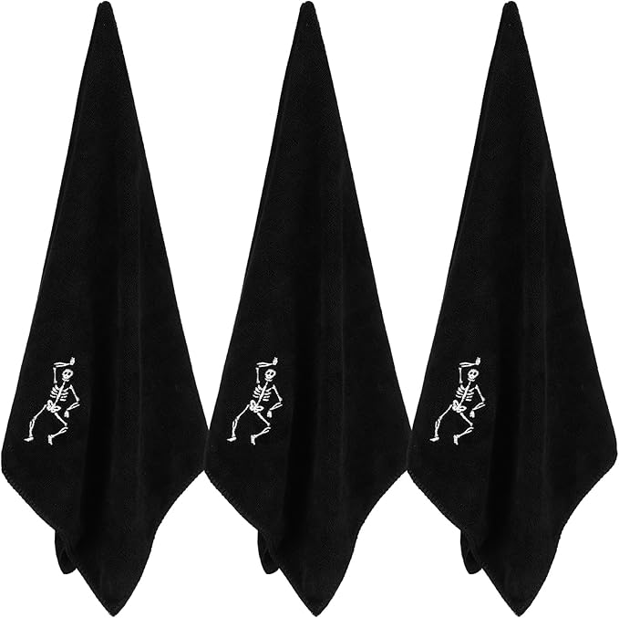 Newwiee 3 Pcs Halloween Skeleton Hand Towels 14''x30'' Black Gothic Embroidered Cotton Bathroom Towel Juggling Skeleton Tea Towels for Halloween Kitchen Bathroom Housewarming Gifts - sugar skull beach towel