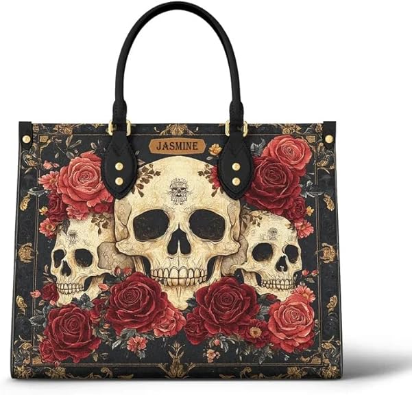 Roses & Sugar Skull Handbags For Women, Aesthetic Skulls Halloween Gothic Purses Tote Bag with Zipper, Chic Ladies Shoulder Satchel Bag with Top Handle/Strap, Gift for Skull Lover Her Girls (Skull) - sugar skull handbags for sale