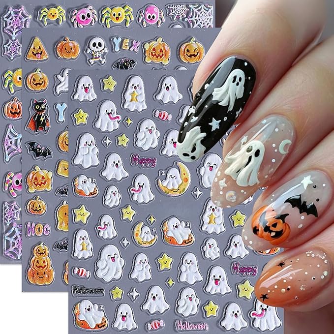 3 Sheets Halloween Nail Stickers 5D Embossed Star Moon Ghost Self-Adhesive Nail Decals Pumpkin Ghost Nail Art Stickers Spider Web Skulls Bat Nails Design Nail Supplies for Acrylic Nails Manicure Decor - sugar skull nail art