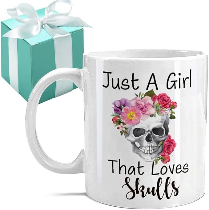 Funny Skeleton Mug Gifts for Women Just A Girl That Loves Skulls - Novelty Cute Skull Coffee Mug Gift for Bestie Friend - Goth Kitchen Accessories - Spooky Witch Witchy Birthday Gifts for Women - sugar skull coffee cup