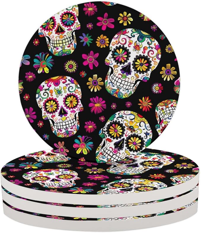 4Pcs Absorbent Ceramic Coaster Drink Coasters Sugar Skull Halloween Skeleton Floral Day of The Dead Round Table Decorative Coffee Cup Wine Beer Bar Coasters Housewarming Gift - sugar skull coasters set