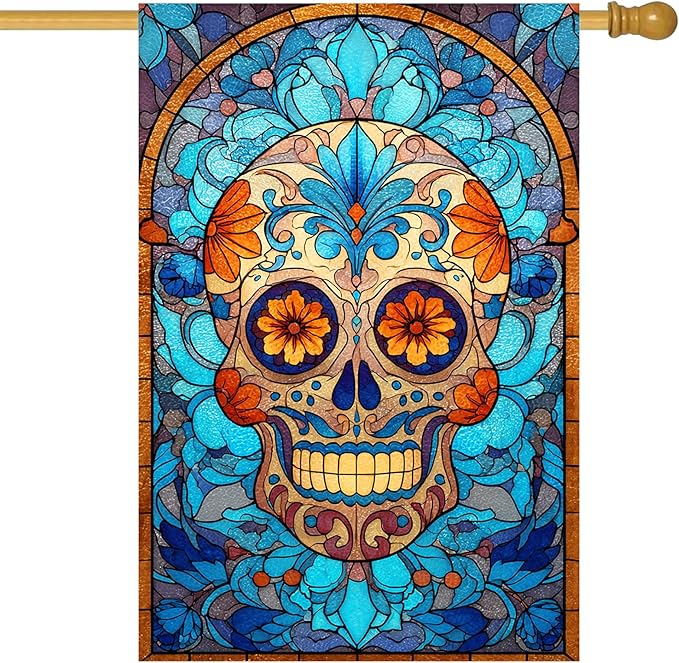 Spring Summer House Flag 28 x 40 Inch Double Sided Garden Flag Sugar Skull Floral for Fall Halloween Yard Banner Outdoor Day of the Dead Decoration Seasonal Welcome Porch Display - sugar skull wine glass