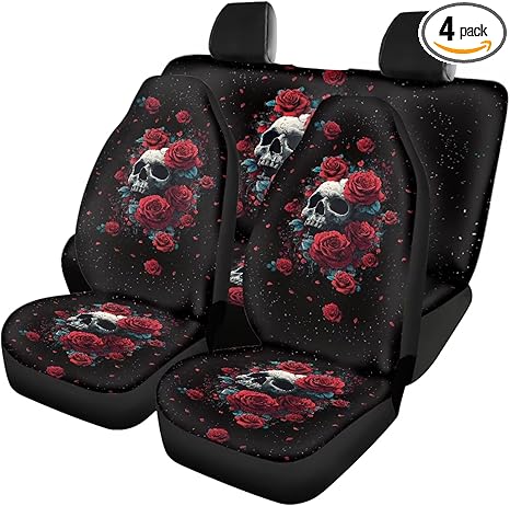 Skull Rose Print 4pcs Seat Cover for Cars Washable Car Seat Protectors Replacement Low Back Front Seat Covers Universal Fit Vehicle Sedan Truck SUV - sugar skull car pet seat cover