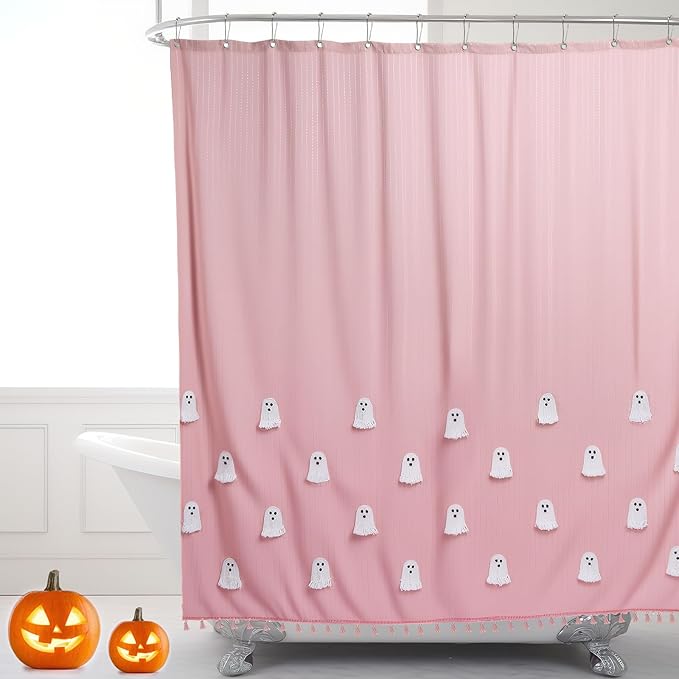 Breling Halloween Ghost Shower Curtain Cute 72 x 72 Inch Cotton Pink Spooky Rope Embroidery Shower Curtain with 12 Hooks for Halloween Bathroom Set Ghost Bathtub Vintage Horror Decoration - sugar skull shower curtain set