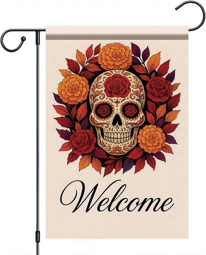 Day of the Dead Garden Flag 12 x 18 Inch Sugar Skull Floral Wreath Yard Banner Double Sided Welcome Outdoor Decoration for Dia de los Muertos Halloween Porch Lawn - sugar skull wreath for front door
