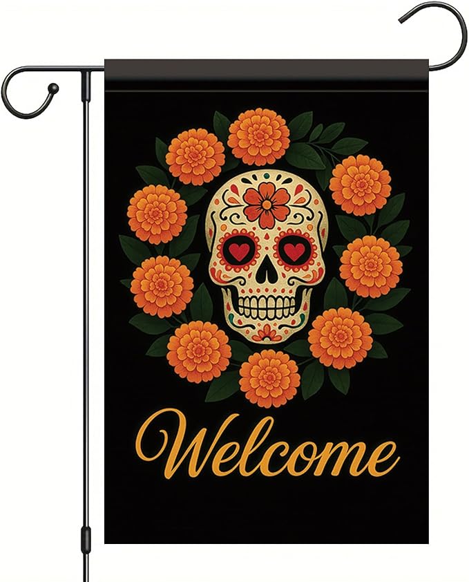 Day of the Dead Garden Flag 12x18 Inch Sugar Skull Marigold Floral Wreath Yard Banner Double Sided Welcome Decoration for Dia de los Muertos Halloween Porch Lawn Outdoor - sugar skull wreath for front door