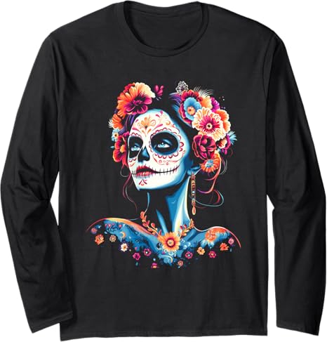 Mexican Dia de los Muertos Skull Girl - sugar skull long sleeve shirt mens