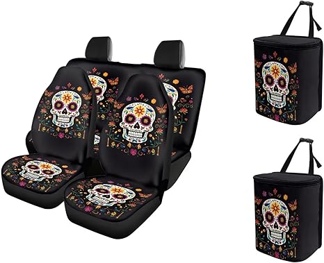 Funnydude Sugar Skull Print Car Seat Cover Full Set Car Accessories Thin Breathable Seat Cover with Trash Can - sugar skull car pet seat cover