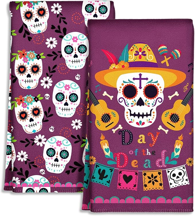 Day of The Dead Kitchen Towels - Halloween Towels Kitchen 18x26 Inches Microfiber Set of 2 Holiday Themed Dish Towel for Home Decoration, Absorbent Hand Towel with Hanging loop, Music Skull - sugar skull beach towel