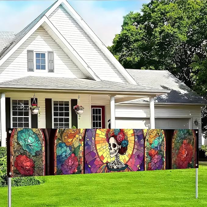 Day of the Dead Banner Sugar Skull and Floral Design 118x20 inches Outdoor Banner for Halloween Party Yard Fences Photo Booth Backdrop Festival Decor - sugar skull wine glass