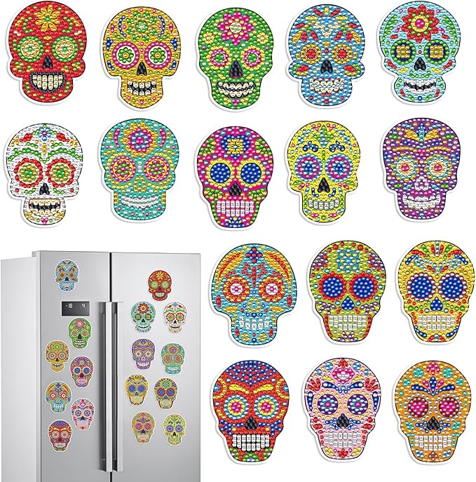 Sugar Skull Diamond Art Magnets - 16 Pcs Diamond Art Magnet Kits for Adult, Day of The Dead Theme Refrigerator Stickers Gem Painting Kit - sugar skull temporary tattoo
