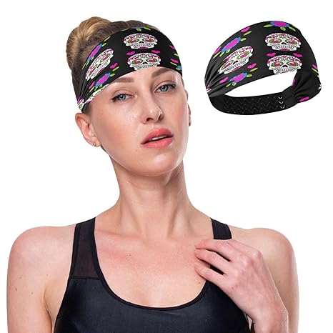 YETTASBIN Wide Headbands for Women Girl - Sugar Skulls Non Slip Elastic Hair Bands Breathable Quick Dry Yoga Headband, Fashion Hair Accessories for Workout, Running, Gym & Daily Use - sugar skull flower crown