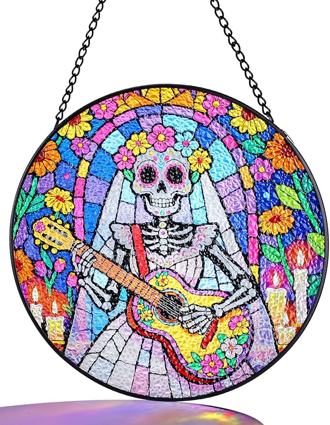 Sugar Skull Mexican Party Decorations - 8in Skull Bride Stained Glass Window Hanging Suncatcher - sugar skull christmas ornament
