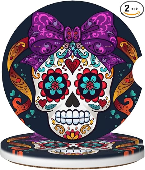 2 Pack Cute Bow Sugar Skull Car Cup Holder Coasters, 2.56 Inch Anti Slip Ceramic Absorbent Coaster with Cork Base and Finger Notch Car Accessories Interior for Women & Men - sugar skull coffee cup
