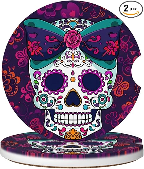 2 Pack Colorful Floral Bow Sugar Skull Car Cup Holder Coasters, 2.56 Inch Anti Slip Ceramic Absorbent Coaster with Cork Base and Finger Notch Car Accessories Interior for Women & Men - sugar skull coasters set