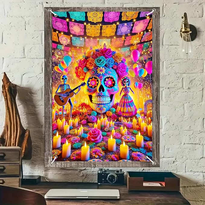 Day of the Dead Halloween Window Banner 31x47 Inch Sugar Skull Catrina Skeleton Floral Decoration Marigold Papel Picado Ofrenda Mexican Festival Indoor Outdoor Party Wall Display - sugar skull canvas wall art