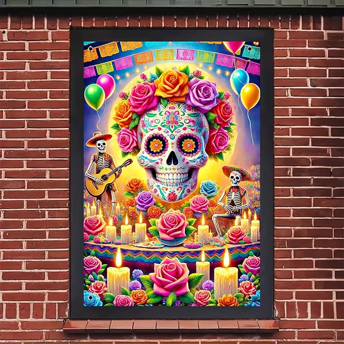 Day of The Dead Halloween Window Banner 31x47 Inch Sugar Skull Skeleton Floral Decor Mexican Festival Door Cover Banner Indoor Outdoor Ofrenda Papel Picado Marigold Altar Photo Backdrop - sugar skull candle holder