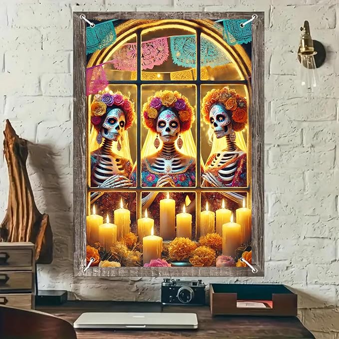 Day of the Dead Window Banner 31x47 Inch Halloween Skeleton Catrina Sugar Skull Decor Floral Pattern for Mexican Festival Indoor Outdoor Door Hanging Decoration Photo Backdrop - sugar skull candle holder