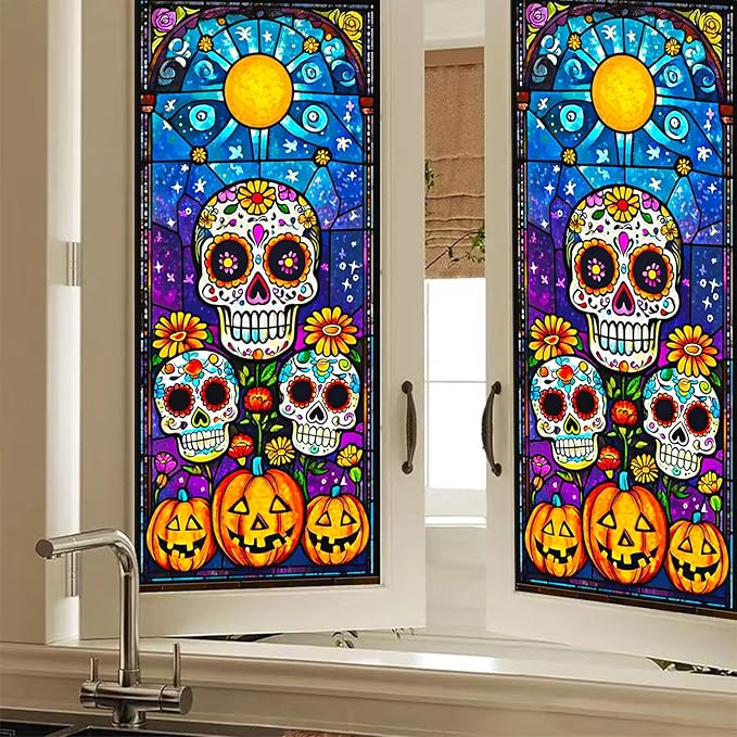 Day of The Dead Sugar Skull Pumpkin Privacy Window Film Stained Glass Decorative Cling for Doors and Windows Gothic Halloween PVC Panel 17.7x39.3 Inch Colorful Indoor Home Decor - sugar skull wine glass