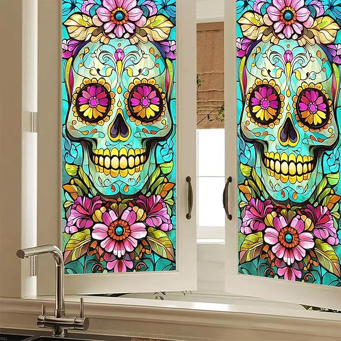 Day of The Dead Sugar Skull Privacy Window Film Gothic Stained Glass Decorative Cling for Glass Doors and Windows Halloween Colorful PVC Panel 17.7x39.3 Inch Indoor Home Decor - sugar skull wine glass