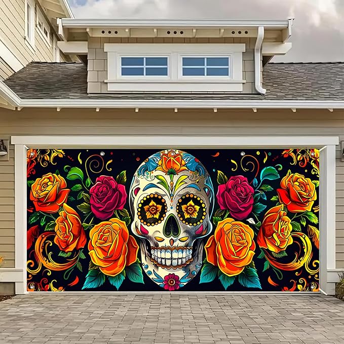 13x6ft Día de Los Muertos Garage Door Cover Banner Colorful Sugar Skull Marigold Floral Papel Picado Hanging Backdrop Outdoor Indoor Party Photo Background Decor - sugar skull nail art