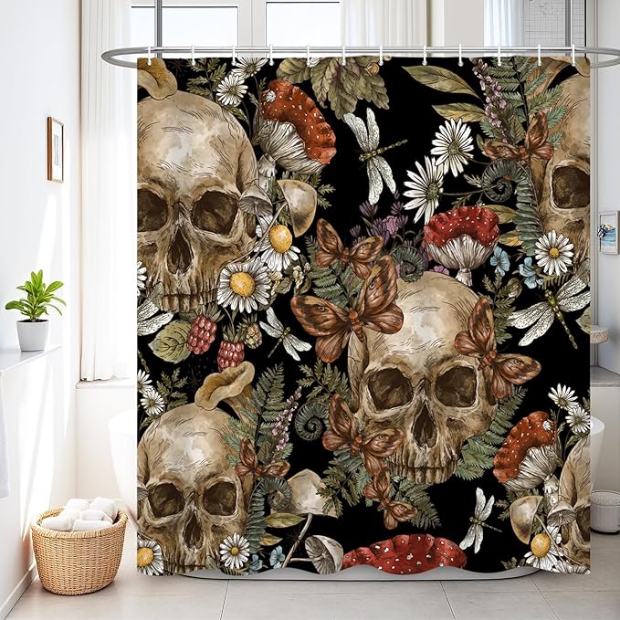 Renaiss 72 x 72 Inch Gothic Sugar Skull Shower Curtain Spooky Skeleton Vintage Mushroom Flower Floral Daisy Bath Shower Curtain Halloween Botanical Aesthetic Bathroom Decor Curtains Polyester 12 Hooks - sugar skull shower curtain set