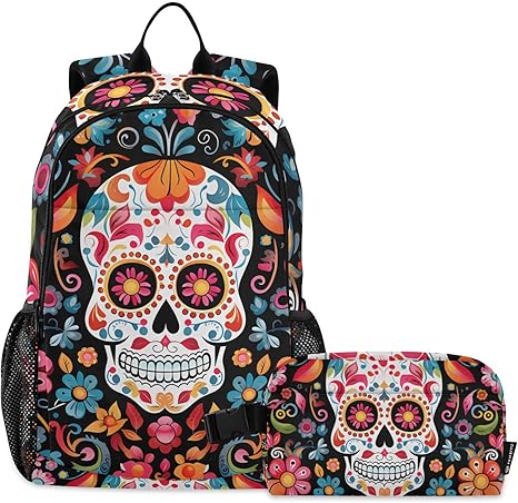 School Backpack and Insulated Lunch Bag Set Teens Girls Boys Kids Schoolbag Set Sugar Skulls and Colorful Flowers Backpack - best sugar skull backpack