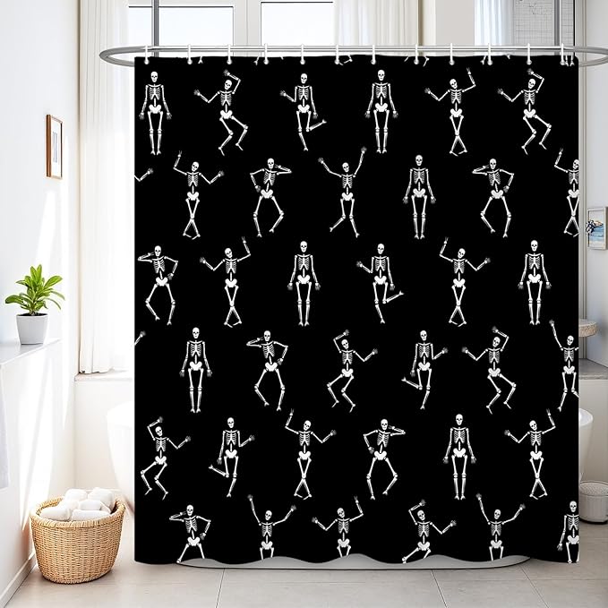Renaiss 72 x 72 Inch Rock Roll Skull Shower Curtain Skeleton Music Halloween Shower Curtain for Bathroom Decor Polyester Waterproof Sugar Candy Skull Day of Dead Bathroom Curtains with Hooks Black - sugar skull shower curtain set