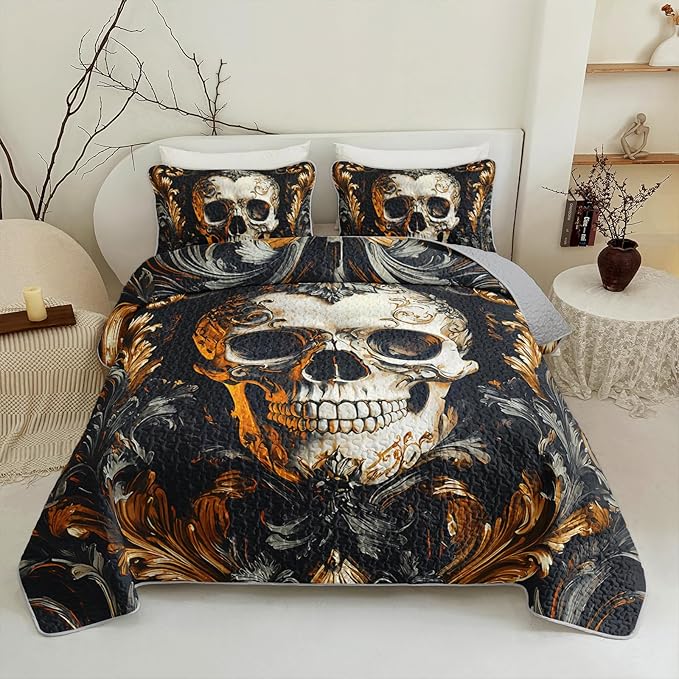 Black & Gold Skull Bed Quilts Queen Size，Quilt Queen Size Bedding Set Gothic，1 Bedspread with 2 Pillow for Kids Adults Bedroom Decor 96X90 Inches - sugar skull bedding set