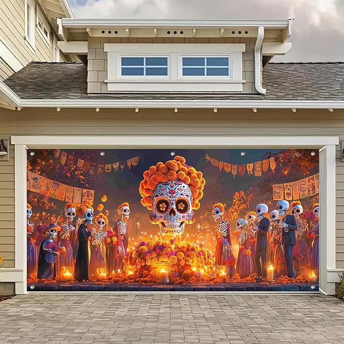 13x6ft Day of The Dead Halloween Garage Door Cover Banner Sugar Skull MarigoldSkeleton Couple Papel Picado Wall Photo Background Decor Indoor Outdoor Party Decorations - sugar skull candle holder