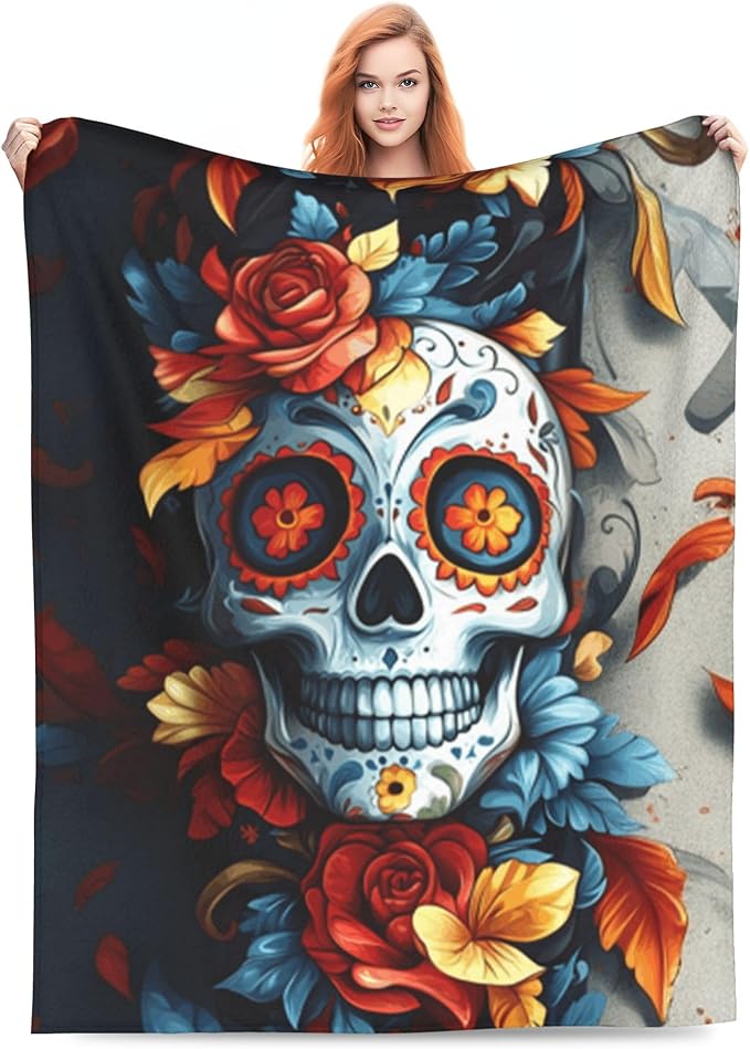 FyLybois Skull Throw Blanket Microfiber Flannel Blankets Lightweight for Bed Sofa Couch Decor Travel 50"x60" - sugar skull throw blanket