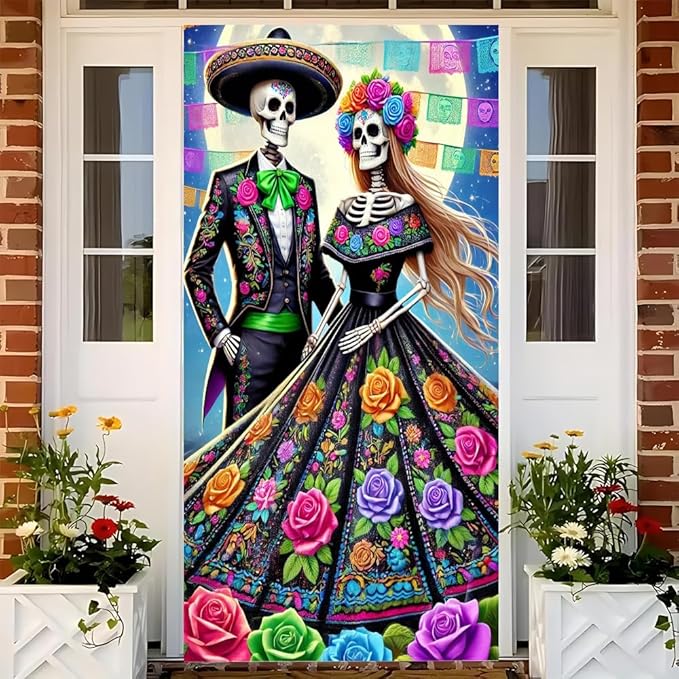 Day of the Dead Skeleton Couple Door Banner 71x35 Inch Colorful Floral Sugar Skull Design Halloween and Mexican Festival Door Cover for Outdoor Holiday Decoration - sugar skull canvas wall art