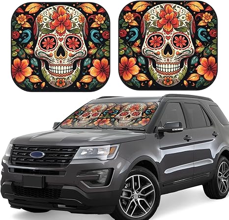 2 Piece Car Windshield Sun Shade Universal Colorful Sugar Skull Window Sunshade for Auto Sun Heat and UV Rays Blocker Foldable Front Windshield Shade for Car Interior Protection Accessories - sugar skull car sunshade for windshield