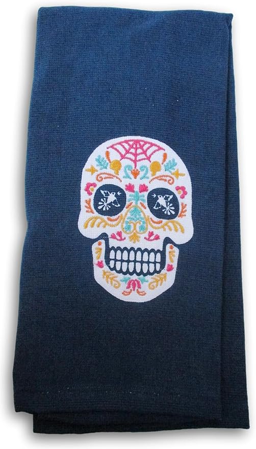 Halloween Themed 100% Cotton Kitchen Towel for Kitchen Use and Spooky Decor (Sugar Skull on Navy) - sugar skull beach towel