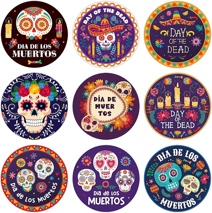 Day of The Dead Stickers Party Supplies Decorations Halloween Sugar Skull Party Favors Dia de Los Muertos Jar Containers Labels Envelop Invitation Letter Cards Decals Stickers - 180 Counts - sugar skull vinyl sticker