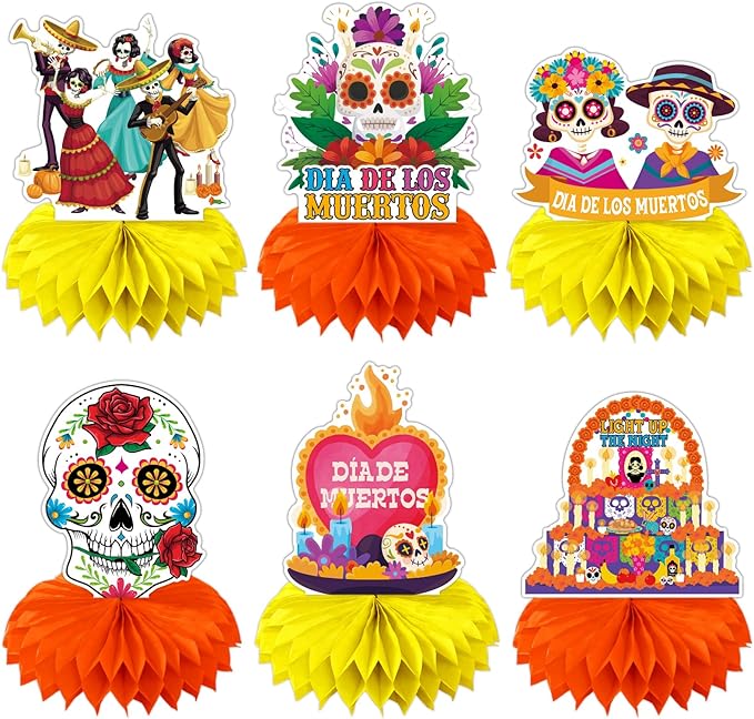 Day of the Dead Honeycomb Centerpiece Party Decoration - Halloween Sugar Skull Table Toppers - Day of the Dead Party Honeycomb Desk Toppers Party Supplies - Set of 6 - sugar skull christmas ornament