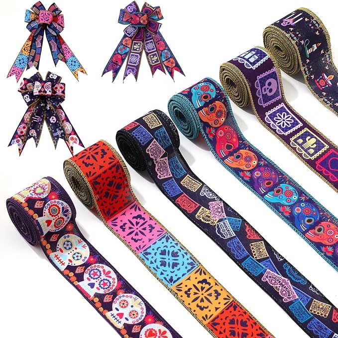 6 Rolls 30 Yards Days of The Dead Ribbons 2'' Mexican Dia De Los Meurtos Ribbon Wired Edge Sugar Skull Papel Picado Skeleton for Wreath Bows DIY Craft Gift Wrapping Halloween Mexican Party Supplies - sugar skull christmas ornament