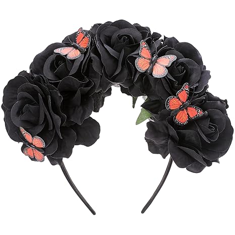 Mexican Black Rose Flower Crown, Mexican Floral Headpiece, Death of the Day Dark Rose Flower Headband with Butterfly for Dia De Los Muertos Costume Halloween Festival Party Hair Accessories - sugar skull flower crown